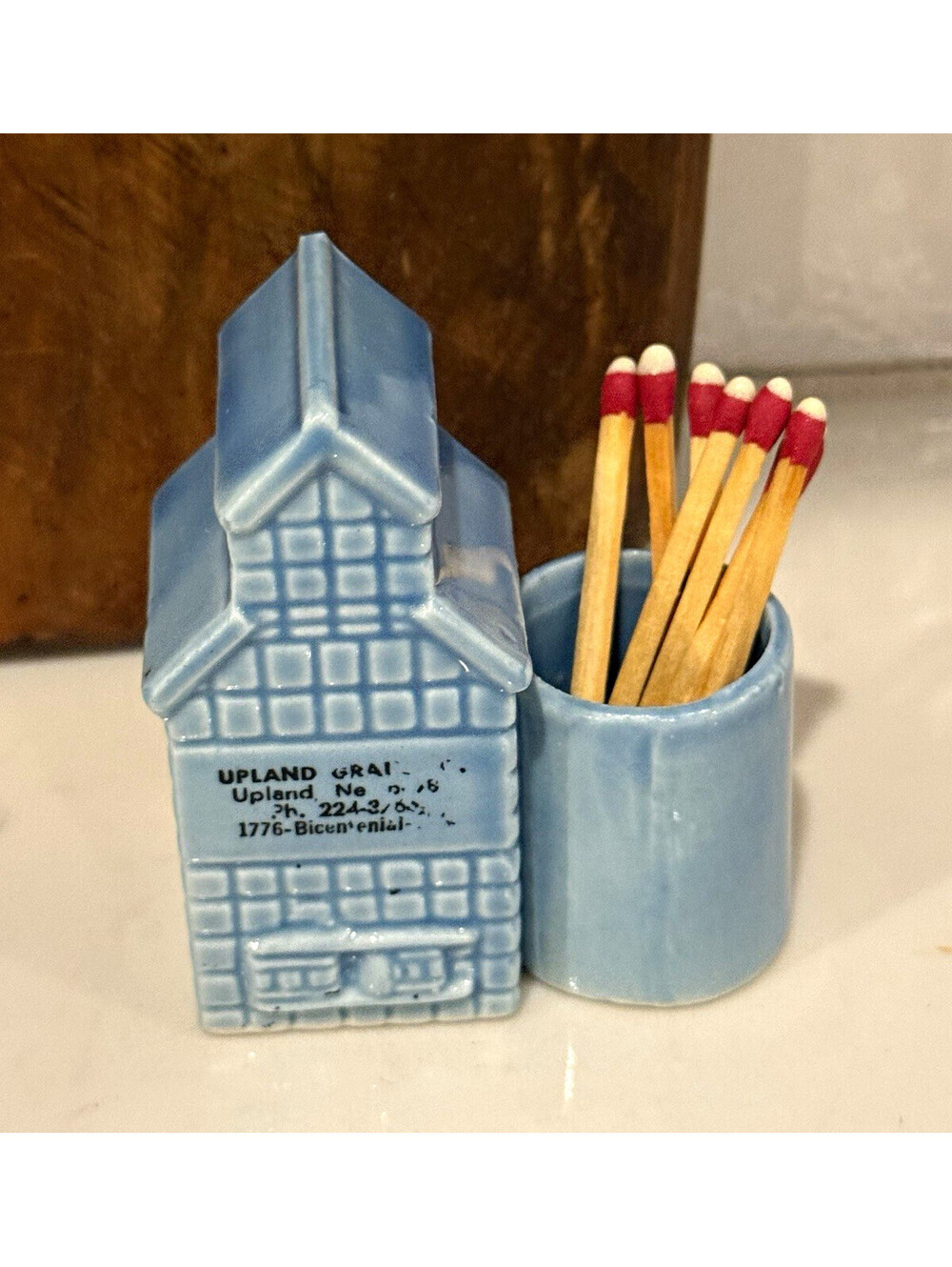 Blue Ceramic Toothpick Holder Advertising Barn Design UPLAND GRAIN Upland NE